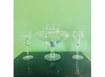 Decorative Glass Pedestal Vase And Two Matching Candle Holders (Living Room)