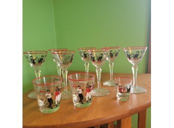 Vintage Mid Century Libbey Glass Pickwick Dickens . Tumblers, Shot Glass And Cordial Glasses