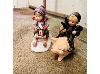 Pair Of Vintage Goebel Figures - Boy On Sled And Boy On Pig (Hallway)