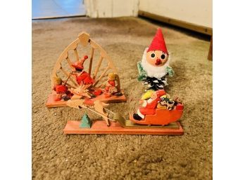 Assorted Vintage Holiday Wooden Miniatures And Pinecone Gnome (Hallway)