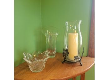 Glass Vase, Dish And Cast Iron Candle Holder