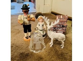 Assortment Of Vintage Figures, Glass Bell And Resin House (Hallway)