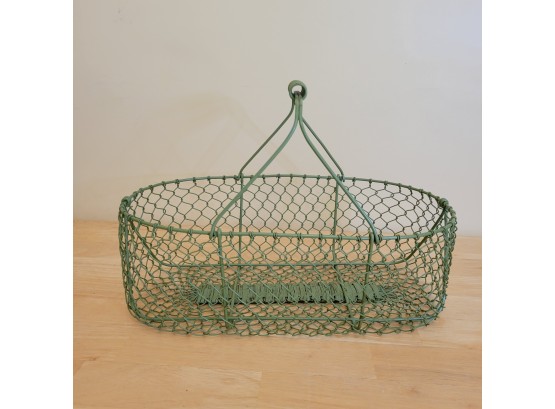 Large Vintage French Wire Harvesting Basket In Green