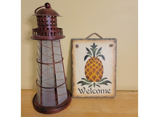 Slate Welcome Sign With Pineapple Design And Lighthouse Votive Holder