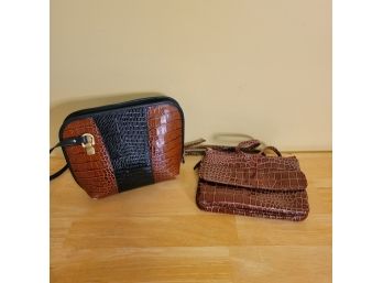 Set Of 2 Faux Brown Leather Handbags