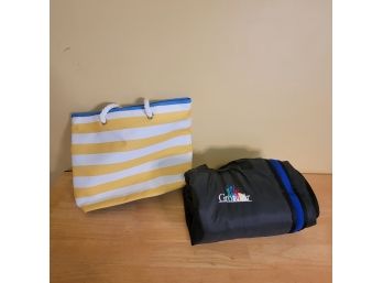 Yellow Striped Beach Bag And Roll Up Beach Blanket