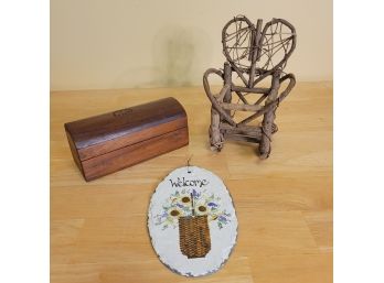 Hand Carved Wooden Box, Slate Welcome Sign And Heart Chair Decoration