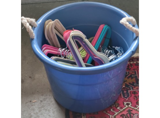 Blue Plastic Tote With Approx 70 Felt Hangers