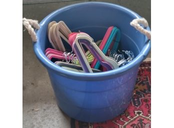 Blue Plastic Tote With Approx 70 Felt Hangers