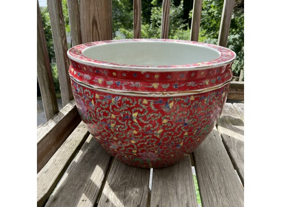 Large Chinese Ceramic Pot In Red Floral Pattern