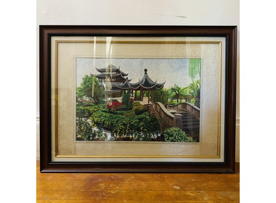 Stunning Chinese Bridge Landscape Crewel Art In Frame (Hallway)