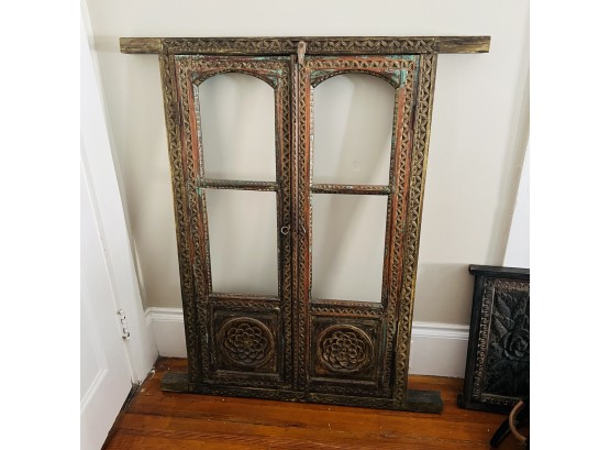 Carved Antique Large Wooden Window Frame With Latch From Northern India