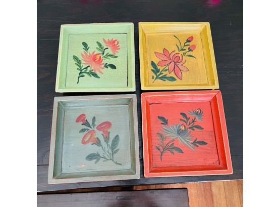 Set Of Four Painted Wooden Tray Panels