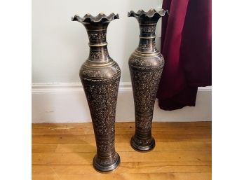 Pair Of Chinese Metal Vases (Livingroom)