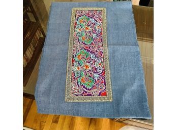 Blue Table Runner With Colorful Machine Embroidered Panel From Thailand