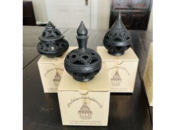 Thai Traditional Clay Pottery From Ko Kret Island - Set Of Three Pieces In Black