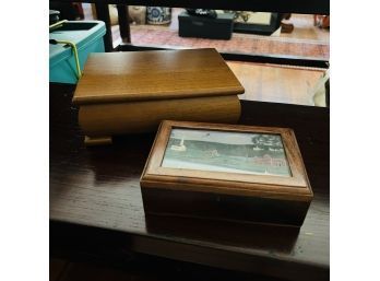 Pair Of Wooden Boxes With Hinged Lids