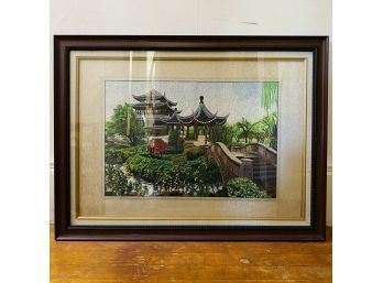 Stunning Chinese Bridge Landscape Crewel Art In Frame (Hallway)