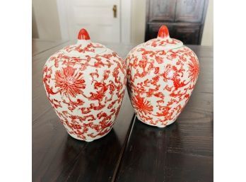 Set Of Two Chinese Red Patterned Ceramic Jars With Lids