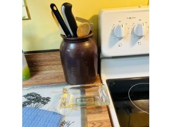Utensil Holder With Utensils And Vintage Advertising Glass Dish (Kitchen)