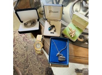 Jewelry Lot: Watch, Necklace, Gold Filled Brooch, Etc.  (Living Room)