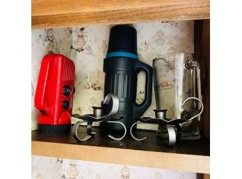 Cabinet Lot With Thermos, Pitcher, Emergency Radio And Candle Holders (Kitchen)