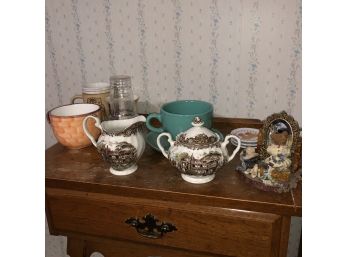 Assorted Ceramics And Glassware With English Made Sugar And Creamer Set (Living Room)