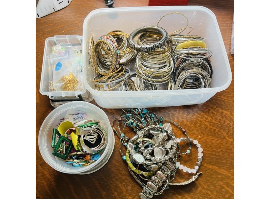 Lot Of Bracelets, Pins, Earrings, And More! Costume Jewelry  - In 3 Plastic Containers