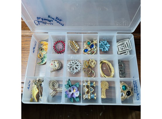 Beautiful Pins And Broaches Lot Costume Jewelry  - In Plastic Divided Storage Container