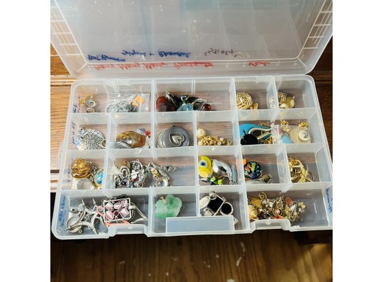 Costume Jewelry Pins And Broaches Lot - One Signed - In Plastic Divided Storage Container
