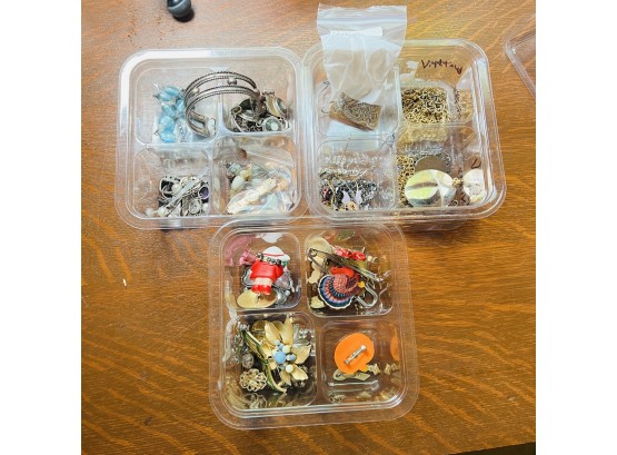 Lot Of Pins, Bracelets, Chains, And More! Costume Jewelry  - In 3 Plastic Divided Storage Containers
