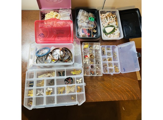 Variety Of Items Lot - Costume Jewelry - Earrings, Necklaces, Pins  - In Multiple Plastic Storage Containers