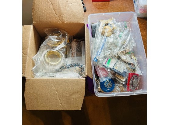 Variety Lot Of Costume Jewelry And Other Items - Coca Cola Santa Etc  - In Plastic Storage Container And Box