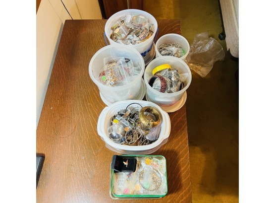 Large Variety Lot Of Costume Jewelry  - In 5 Plastic Storage Containers And One Green Tin