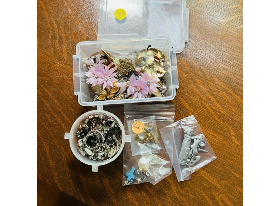 Miscellaneous Lot Of Pins, Pendants, Rhinestone Earrings Costume Jewelry  - In 2 Plastic Contains