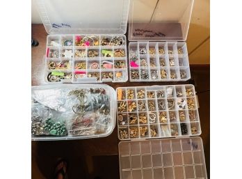 Variety Lot Of Costume Jewelry  - Chains, Necklaces, Pendants, Earings- In Multiple Plastic Storage Containers