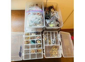 Large Variety Lot Of Costume Jewelry  - In Multiple Plastic Storage Container