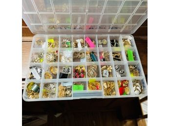 Large Clip On Earring Lot Costume Jewelry  - Some Signed - In Plastic Divided Storage Container