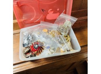 Broaches And More Lot - Some Signed, Some Gold Filled - Costume Jewelry  - In Red Top Plastic Container