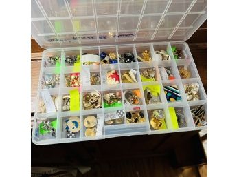Signed Pierced And Clip On Earring Large Lot Costume Jewelry  - In Plastic Divided Storage Container