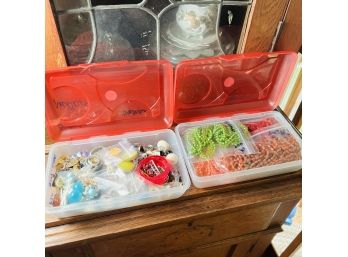 Large Lot Of Beaded Necklaces And Earrings Costume Jewelry  - In 2 Red Top Plastic Containers