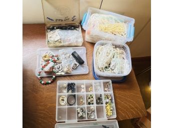 Lot Of 5 Small Plastic Storage Containers With Costume Jewelry - Earrings, Faux Pearl Necklaces, Broaches Etc