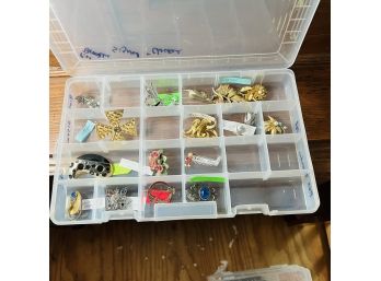 Signed Costume Jewelry Broaches In Plastic Divided Storage Container