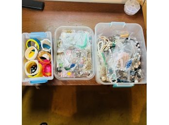 Colorful Lot Of Costume Jewelry - Bracelets, Beaded Necklaces, And More - In 3 Plastic Storage Container