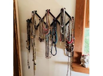 Wooden Accordion Coat Rack With Lot Of Costume Necklaces