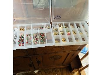 Large Lot Of Christmas And Angel Bracelets And Pins Costume Jewelry  - In 2 Plastic Divided Storage Containers