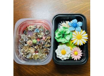 Lot Of Vintage Flower Pins Broaches And Earrings Costume Jewelry  - In 2 Plastic Containers