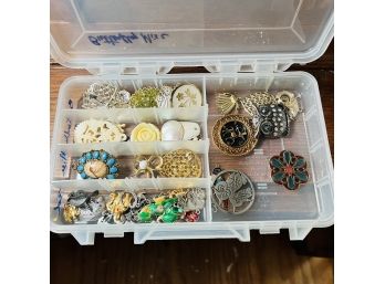 Beautiful Broaches And Pendants Costume Jewelry  - In Plastic Divided Storage Container