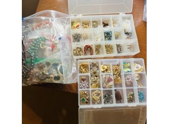 Variety Of Costume Jewelry, Some Vintage, Some Signed - In 2 Plastic Storage Containers And Zip Lock Bag