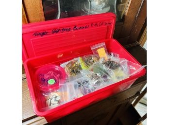 Pretty Earring Lot - Some Pierced, Some Clip On - Costume Jewelry  - In Red Plastic Container